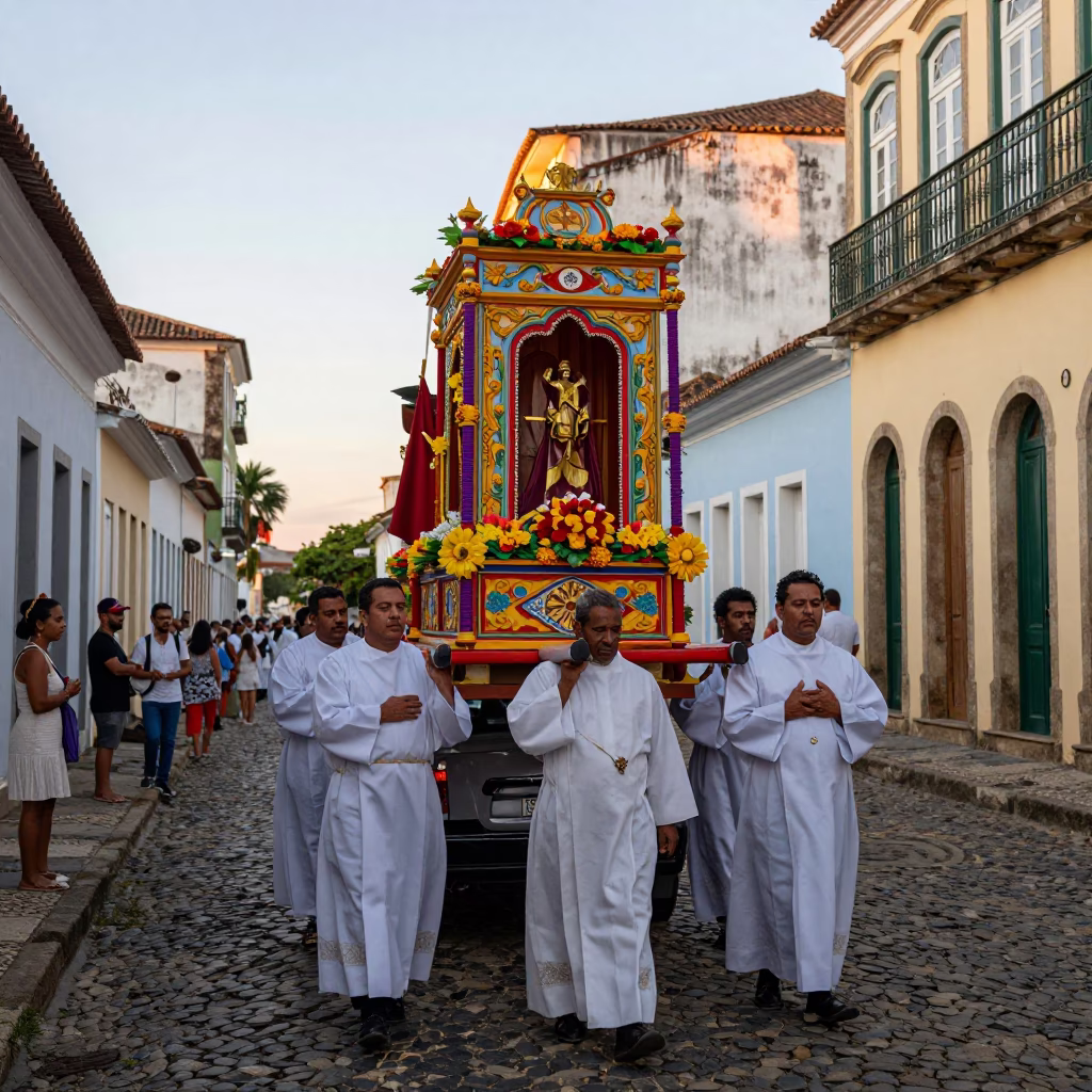 Colorful Processional Float Carried Through Narrow Colonial Streets of Salvador Brazil Early Evening in in Salvador, Brazil