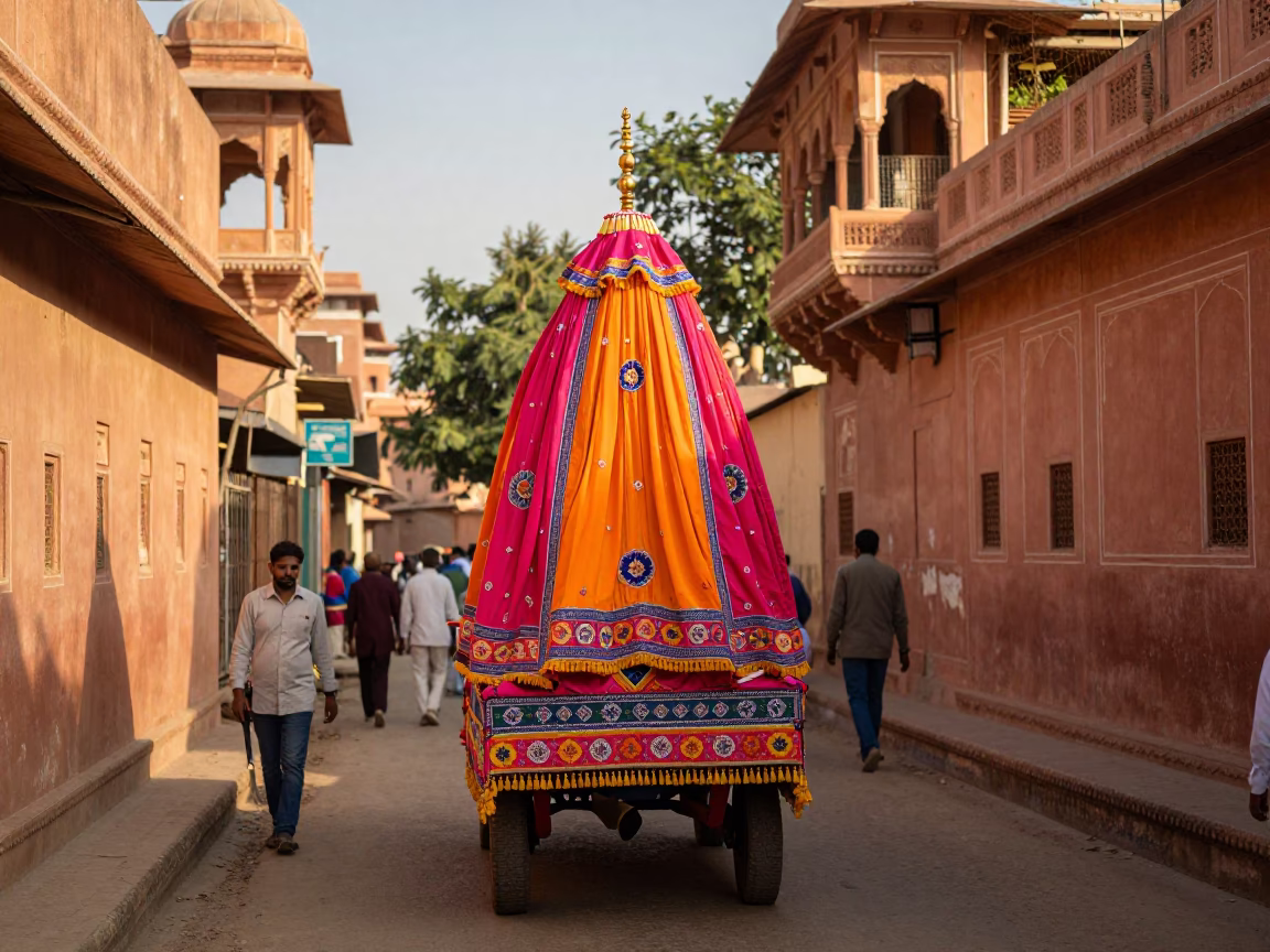 Colorful Processional Float Carried Through Narrow Jaipur Streets in Early Afternoon Light in in Jaipur, India