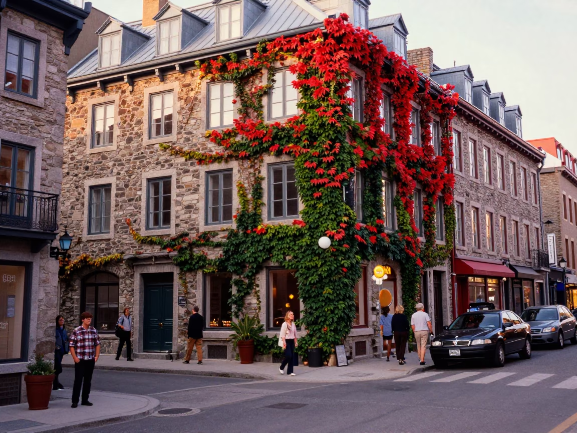Colorful Quebec City Street Scene with Ivy Vines and Commuter Train at Blue Hour in in Quebec City, Quebec, Canada