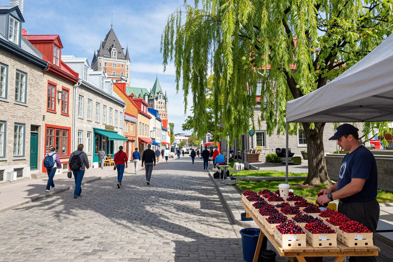 Colorful Quebec City Street Scene with Weeping Willow and Berry Vendor in in Quebec City, Quebec, Canada