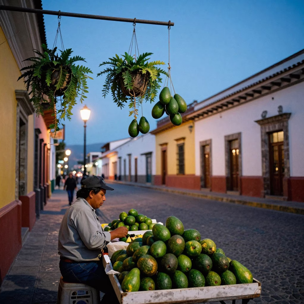 Colorful Quito Ecuador Blue Hour Street Scene with Hanging Plants and Avocados in in Quito, Ecuador