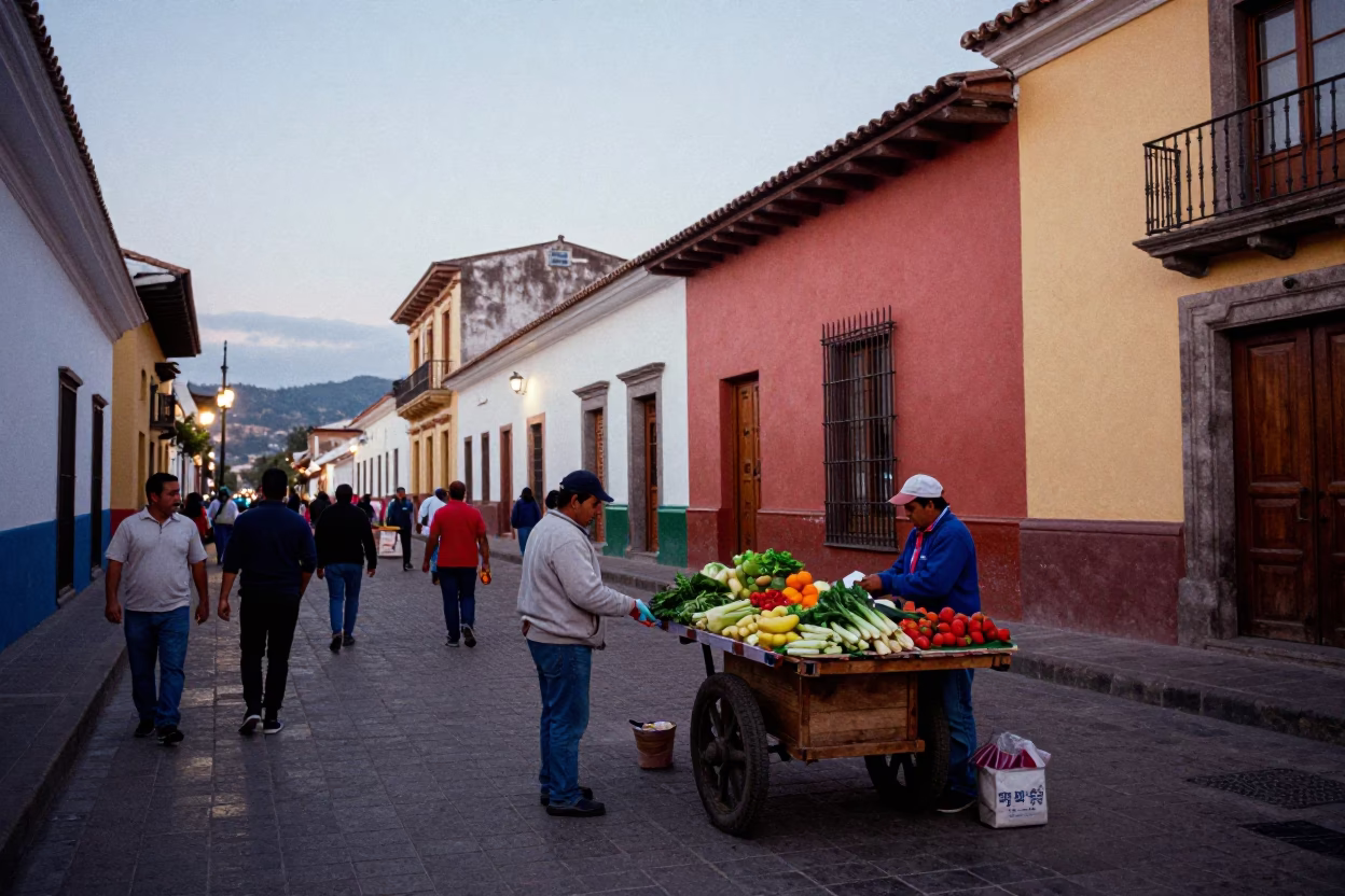 Colorful Quito Ecuador Evening Street Scene with Local Market Activity and Traditional Architecture in in Quito, Ecuador