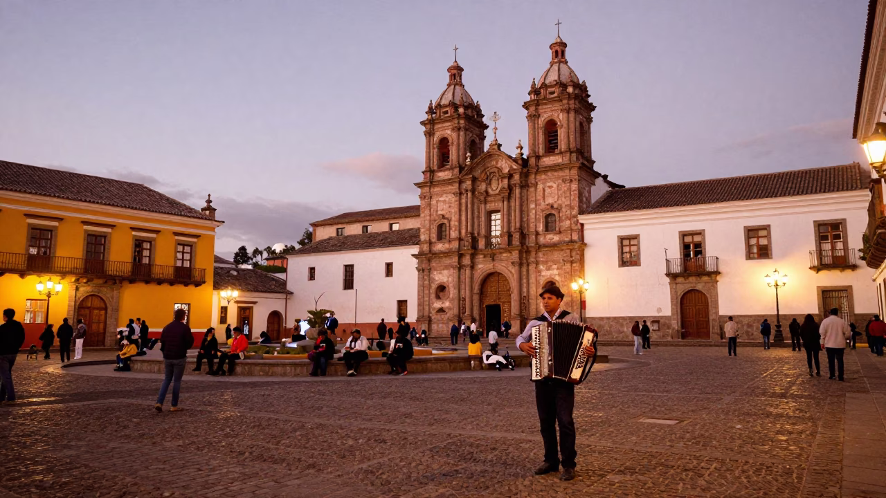 Colorful Quito Ecuador Evening Street Scene with Traditional Accordion Musician and Local Pedestrians in in Quito, Ecuador