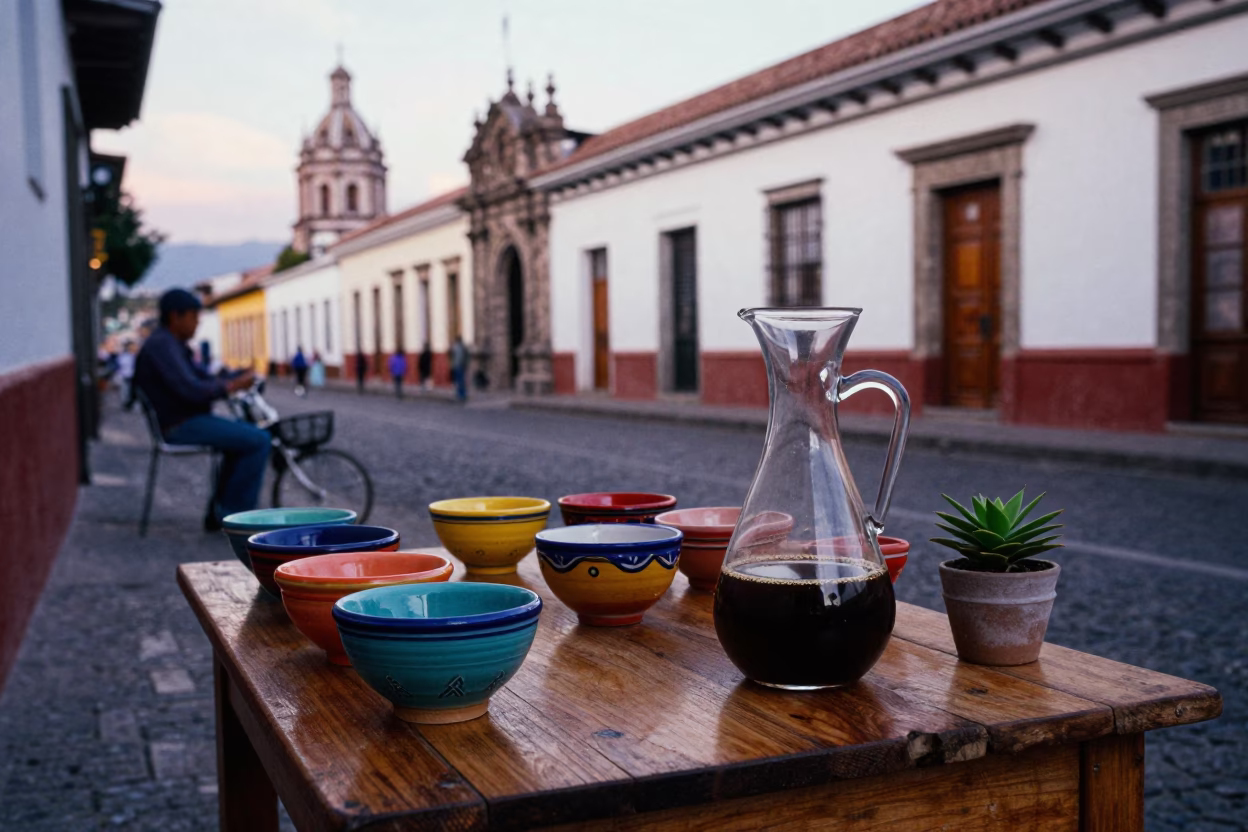 Colorful Quito Ecuador Pre-Dawn Street Scene With Glass Carafe And Flowering Plant in in Quito, Ecuador