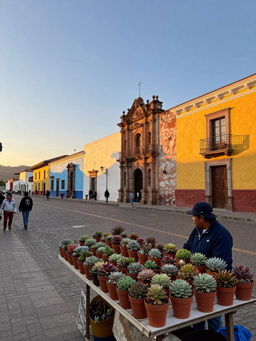 Colorful Quito Ecuador Street Scene at Golden Hour with Terracotta Succulents and Local Life in in Quito, Ecuador