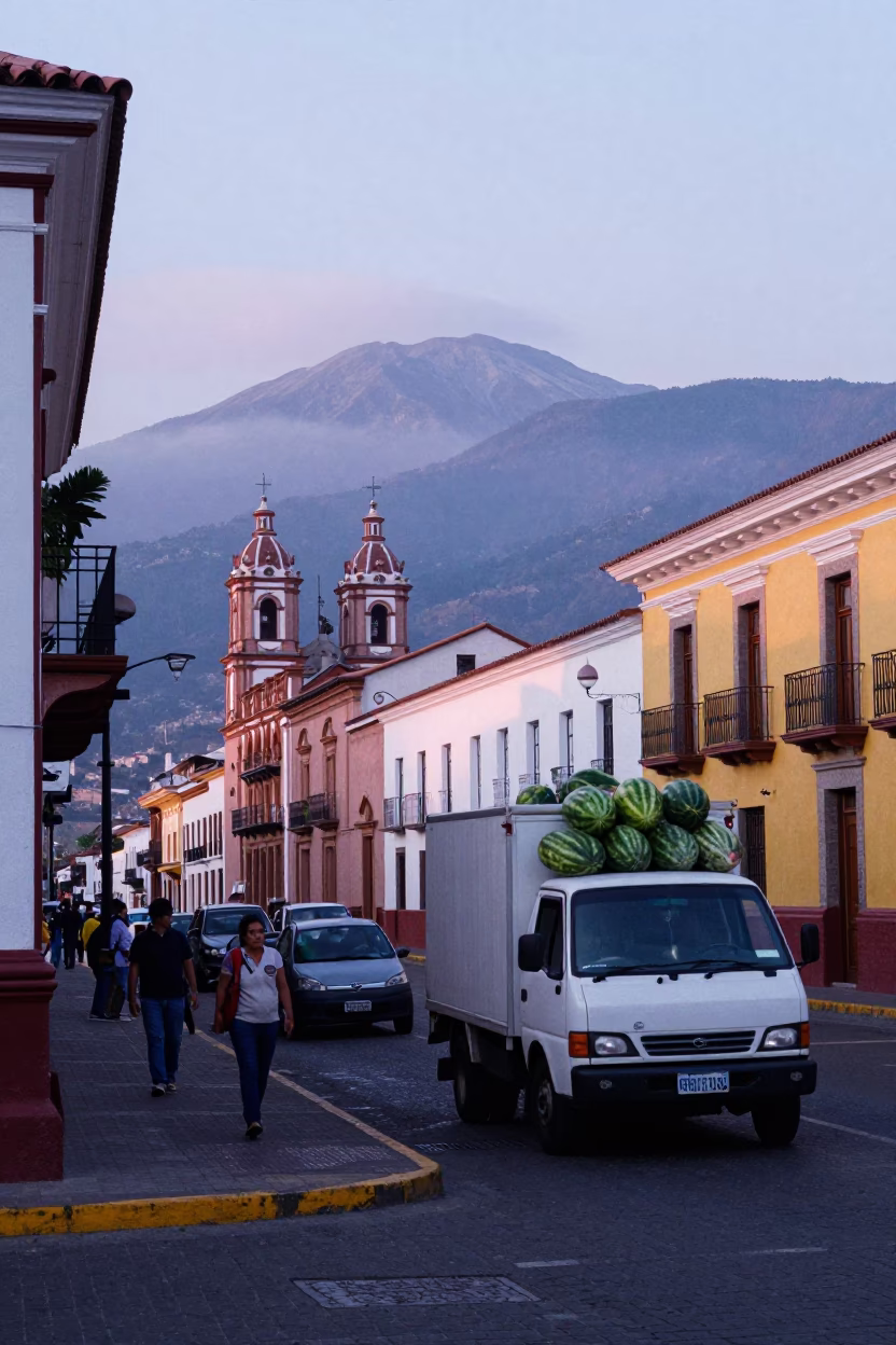 Colorful Quito Ecuador Street Scene at Nautical Dawn with Local Market Activity in in Quito, Ecuador