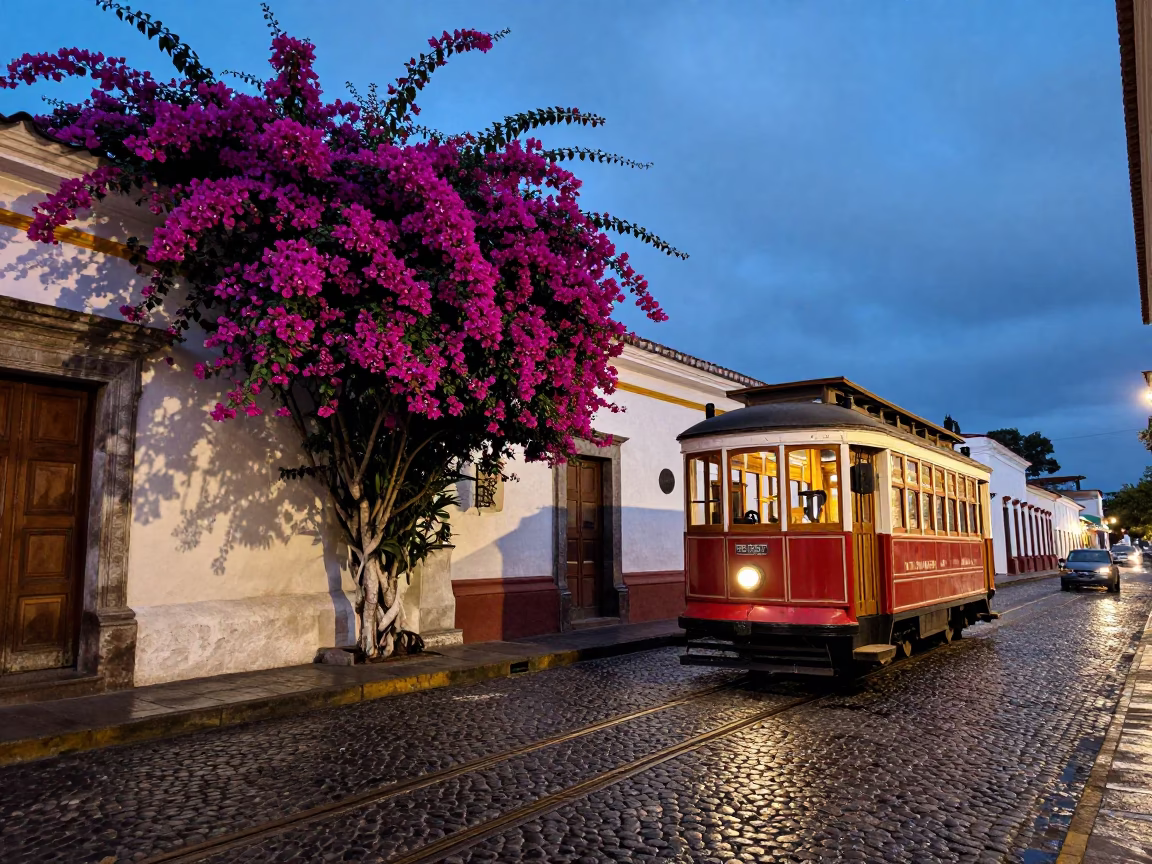Colorful Quito Ecuador Street Scene Blue Hour Heritage Tram Cobblestones Bougainvillea in in Quito, Ecuador