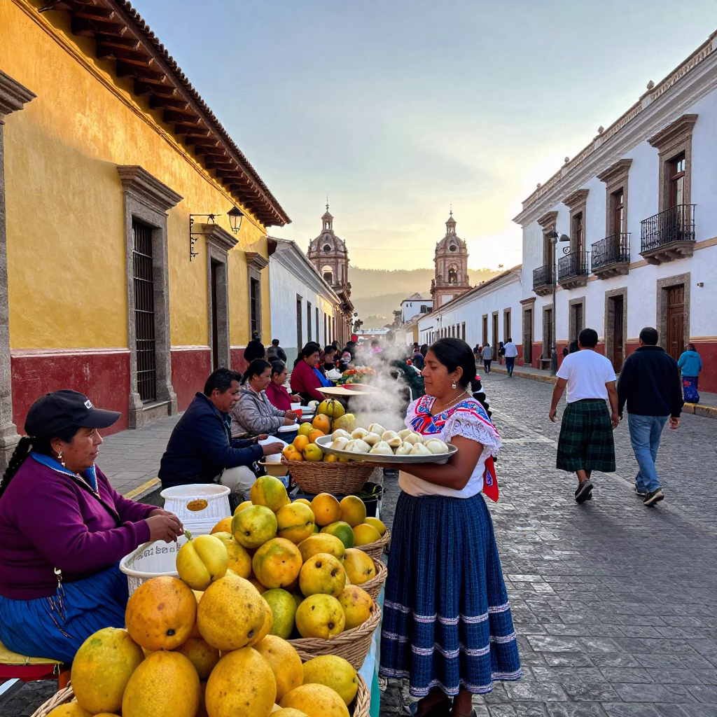 Colorful Quito Ecuador Street Scene Early Morning Local Market Activity in in Quito, Ecuador