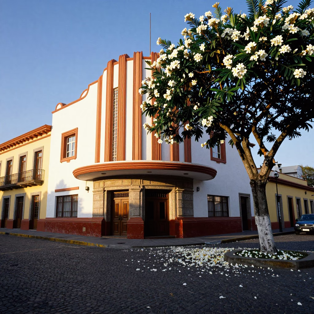 Colorful Quito Ecuador Street Scene with Art Deco Cinema Facade and White Plumeria Petals in in Quito, Ecuador