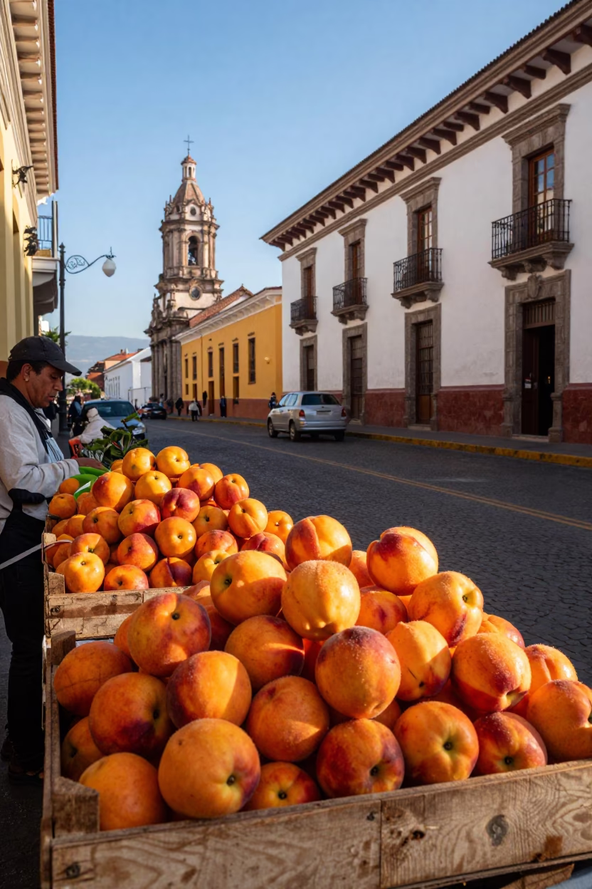 Colorful Quito Ecuador Street Scene with Local Market Nectarines and Bluebells Garden in in Quito, Ecuador