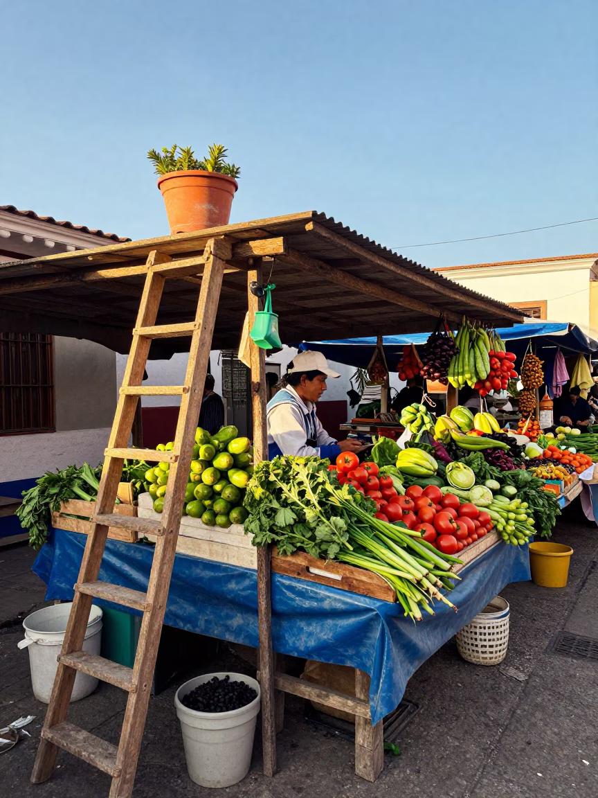 Colorful Quito Market Stall with Wooden Ladder and Potted Herbs in in Quito, Ecuador