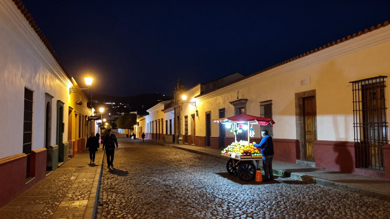 Colorful Quito Street Scene at Night with Street Vendor and Hand Broom in in Quito, Ecuador