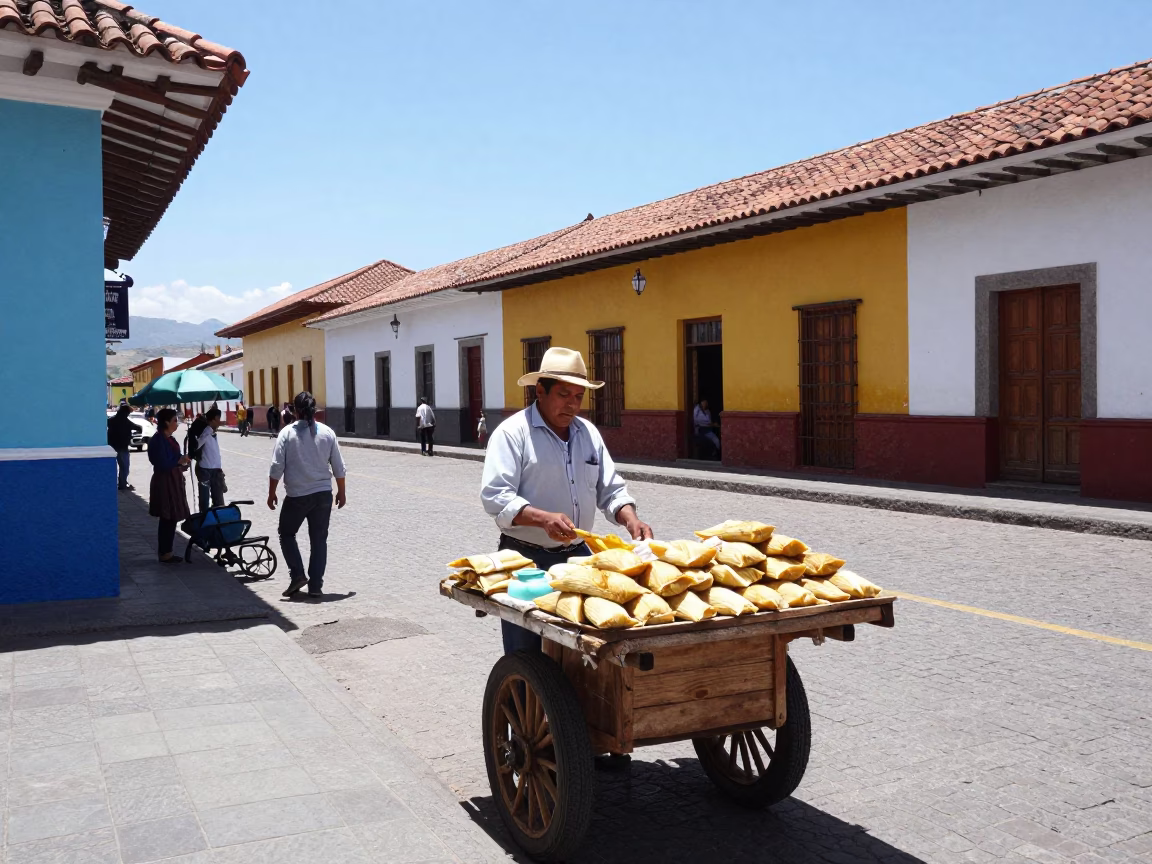 Colorful Quito Street Scene at Noon with Traditional Tamales and Glass Carafe in in Quito, Ecuador