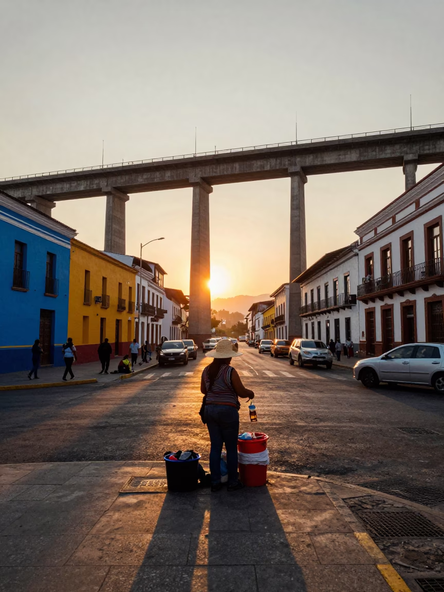 Colorful Quito Street Scene at Sunset with Concrete Viaduct and Local Vendor in in Quito, Ecuador