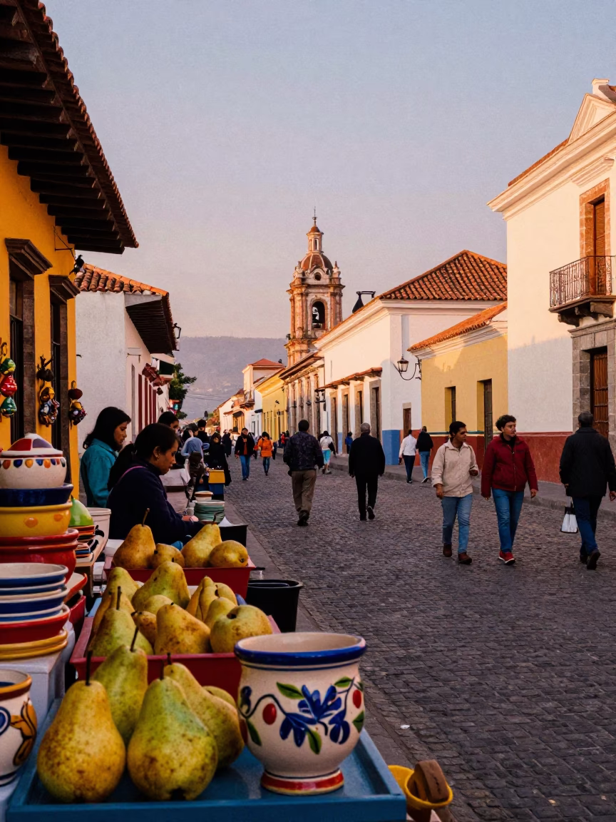 Colorful Quito Street Scene with Ceramic Cup and Pears at Early Evening Market in in Quito, Ecuador