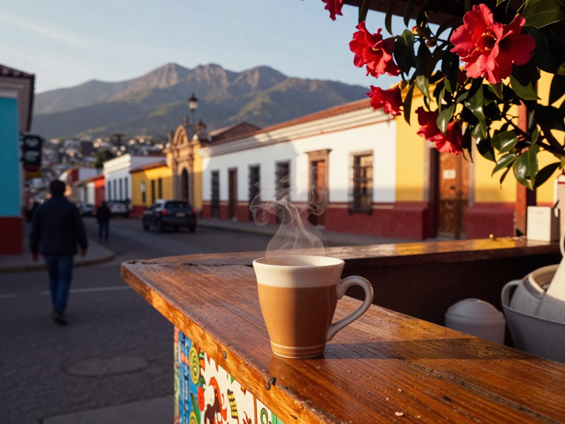 Colorful Quito Street Scene with Chai and Camellias in Honeyed Evening Light in in Quito, Ecuador