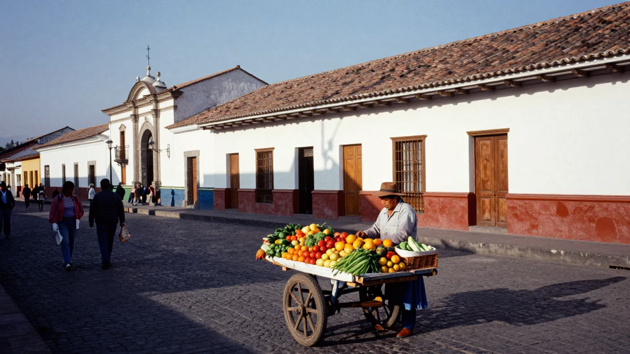 Colorful Quito Street Scene with Local Vendor and Traditional Architecture in Late Morning Light in in Quito, Ecuador