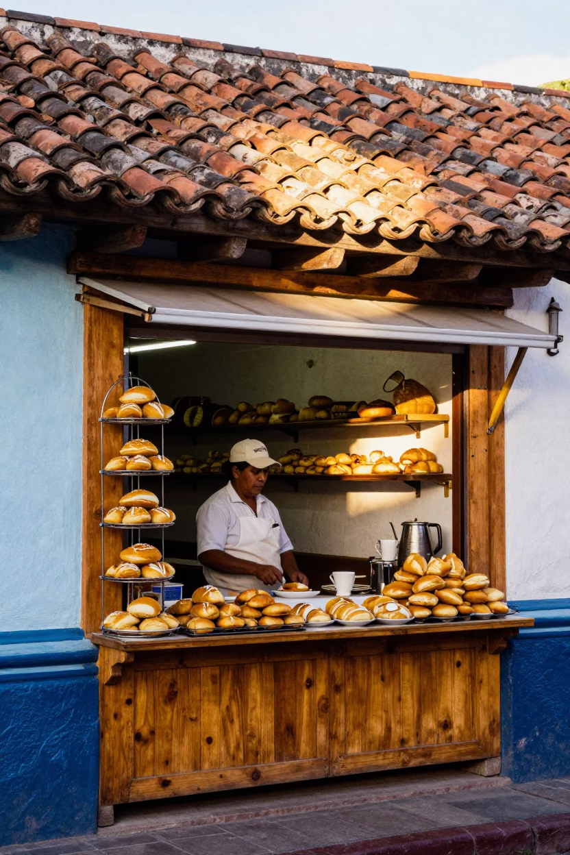 Colorful Quito Street Stall with Pastries and Coffee in Morning Light in in Quito, Ecuador