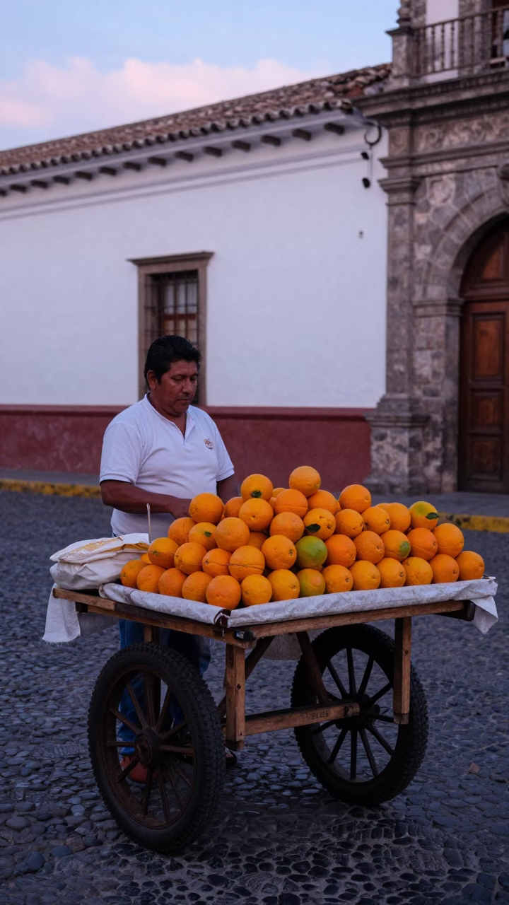 Colorful Quito Street Vendor Selling Fresh Oranges in Early Evening Light in in Quito, Ecuador