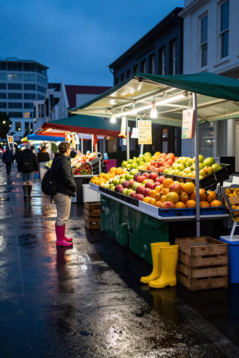 Colorful Rain Boots and Fruit Stall at Wellington Twilight Street Market in in Wellington, New Zealand