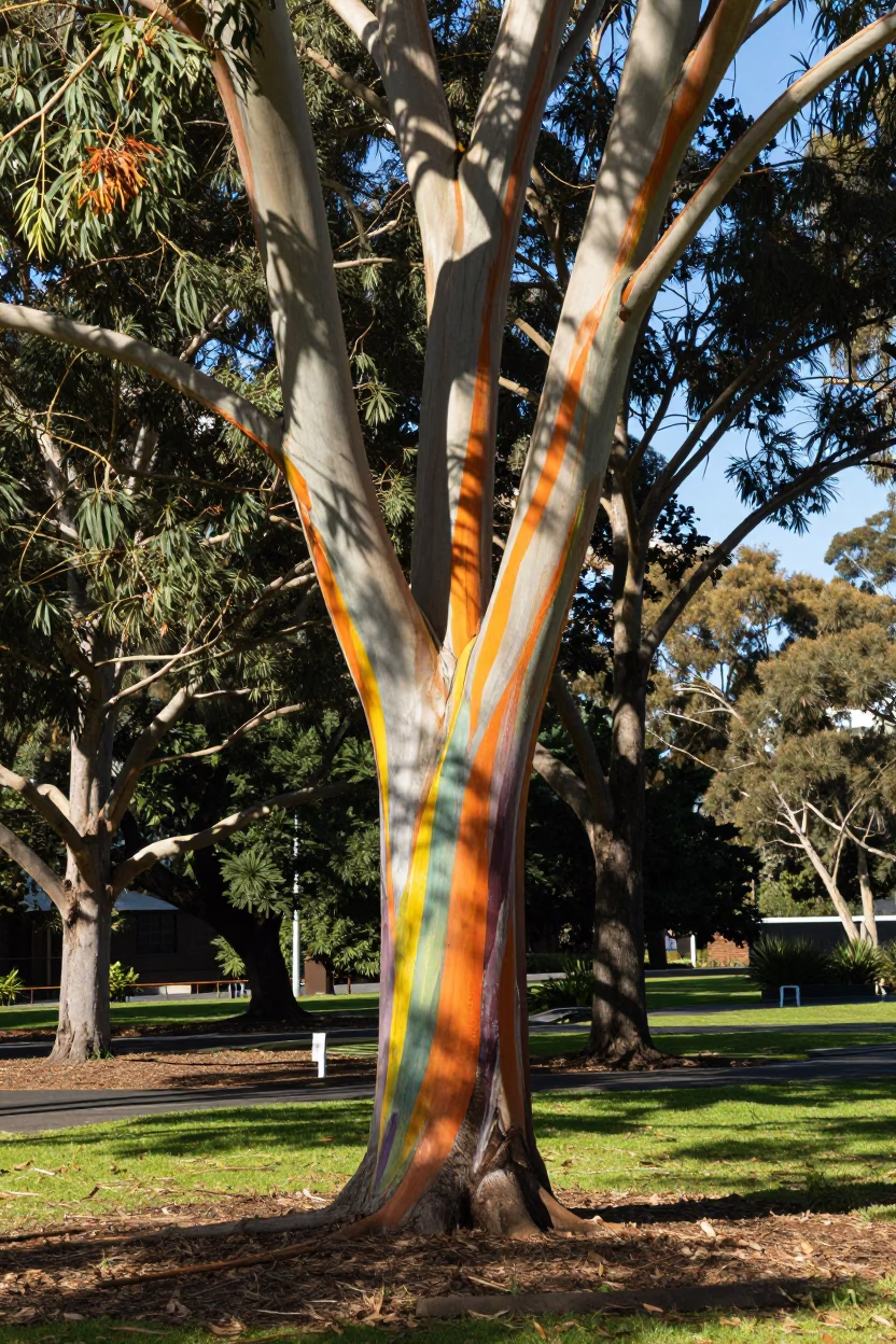 Colorful Rainbow Eucalyptus Bark in Bright Sydney Midmorning Light in in Sydney, New South Wales, Australia