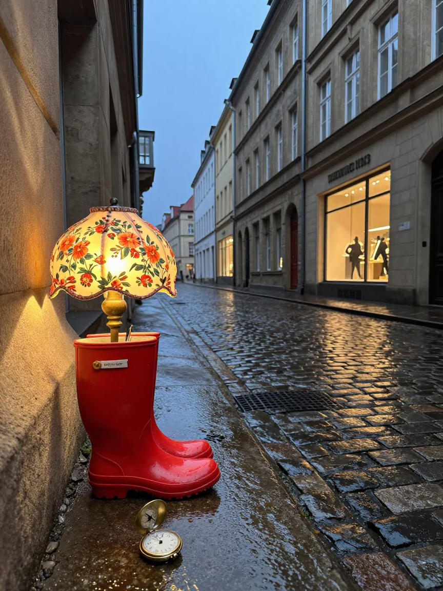 Colorful Rainy Magdeburg Street with Vintage Lampshade in in Magdeburg