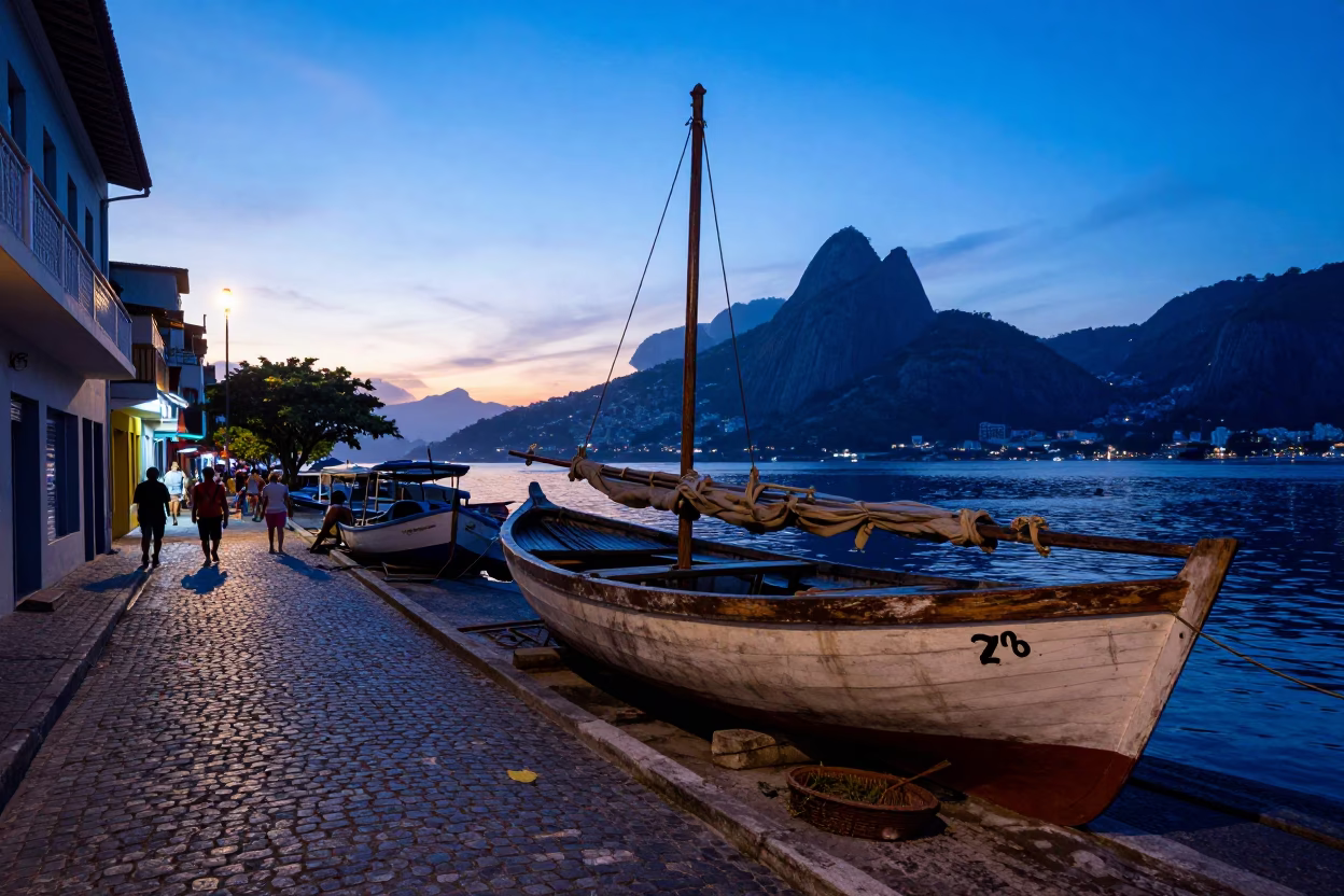 Colorful Rio De Janeiro Street Scene Before Sunrise With Wooden Sailboat And Potted Geraniums in in Rio de Janeiro, Brazil