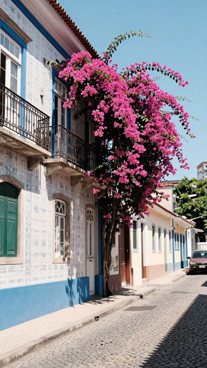 Colorful Rio de Janeiro Street Scene with Bougainvillea and Blue White Porcelain Details in in Rio de Janeiro, Brazil
