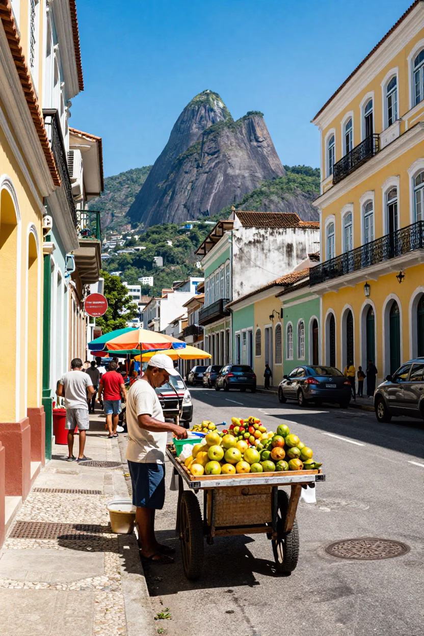 Colorful Rio de Janeiro Street Scene with Sunlight and Local Market Details in in Rio de Janeiro, Brazil