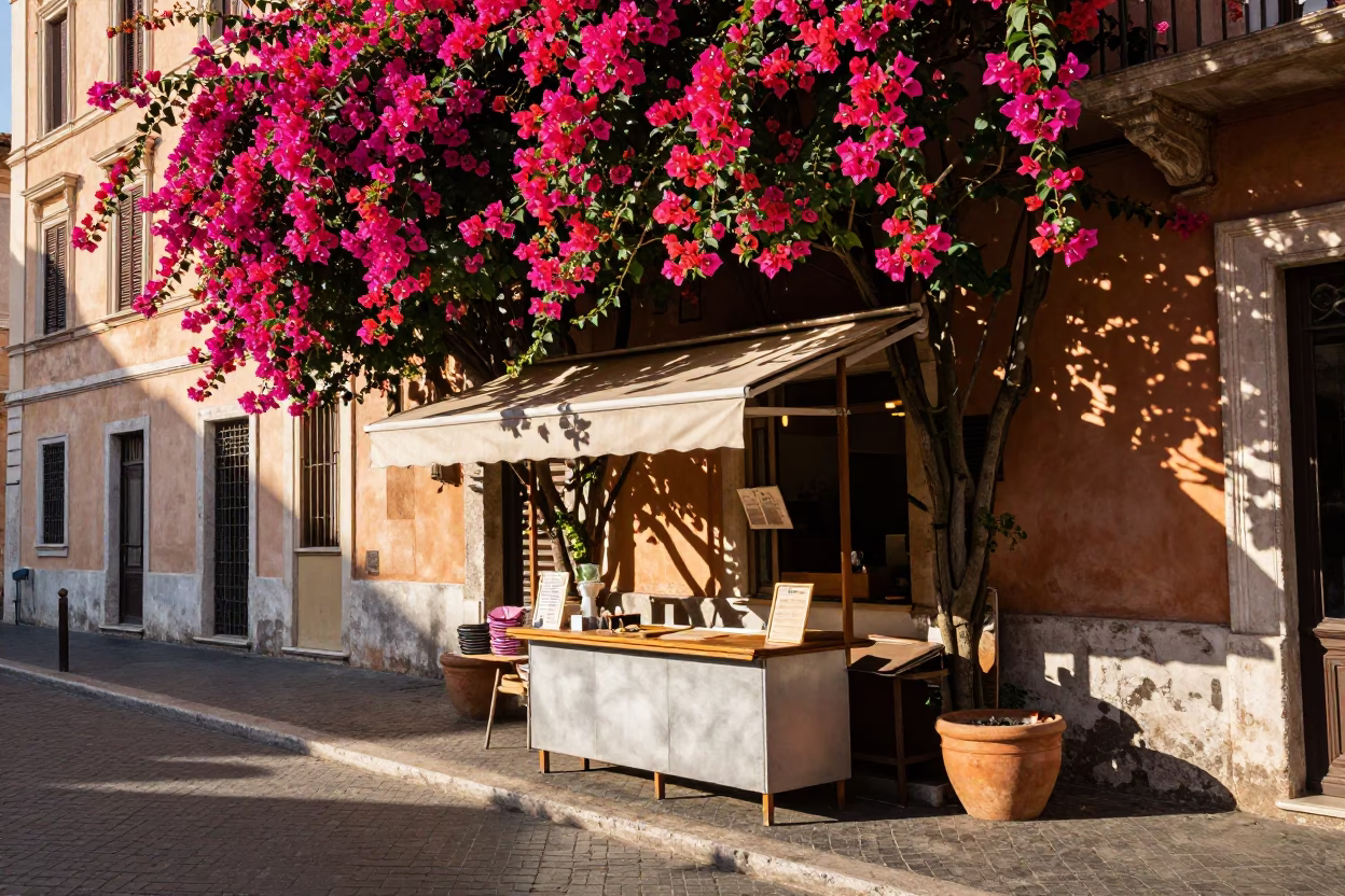 Colorful Roman Street Scene with Bougainvillea and Traditional Sweets in in Rome, Italy