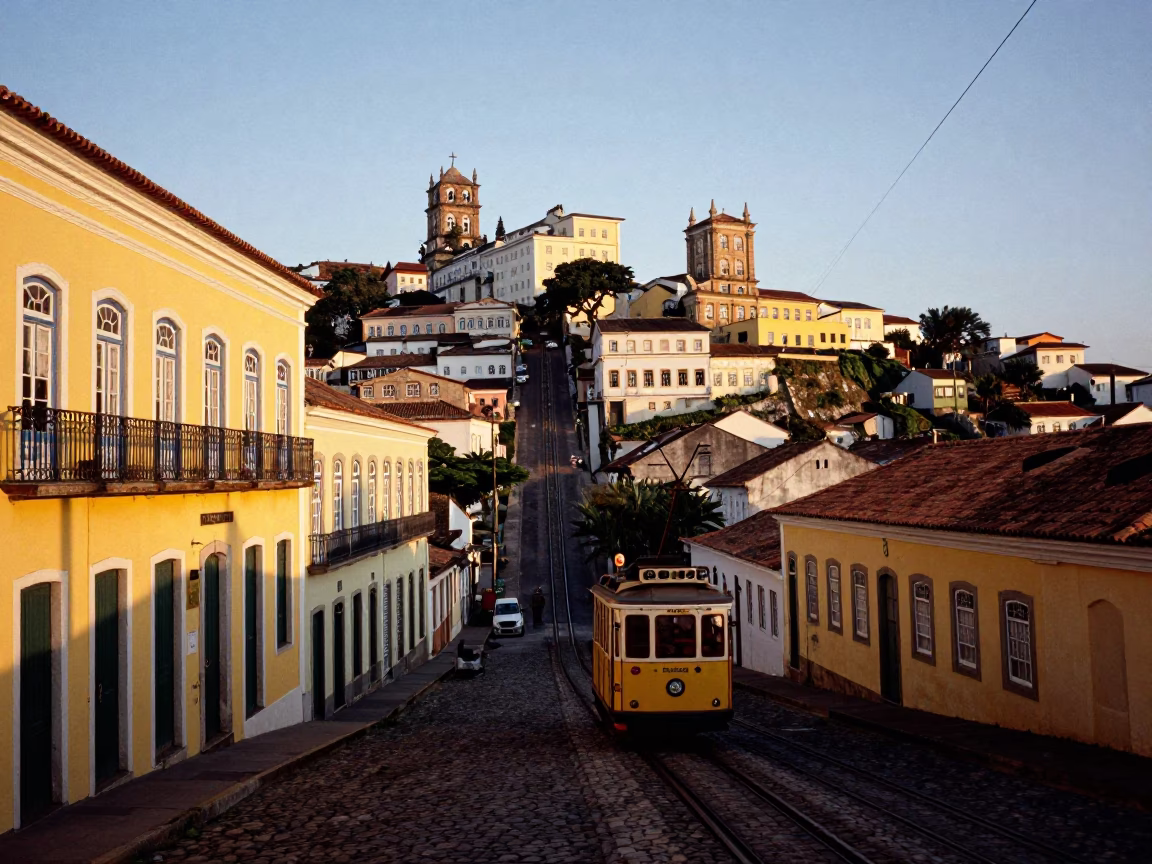 Colorful Salvador Brazil Dawn Street Scene with Funicular and Terraced Gardens in in Salvador, Brazil