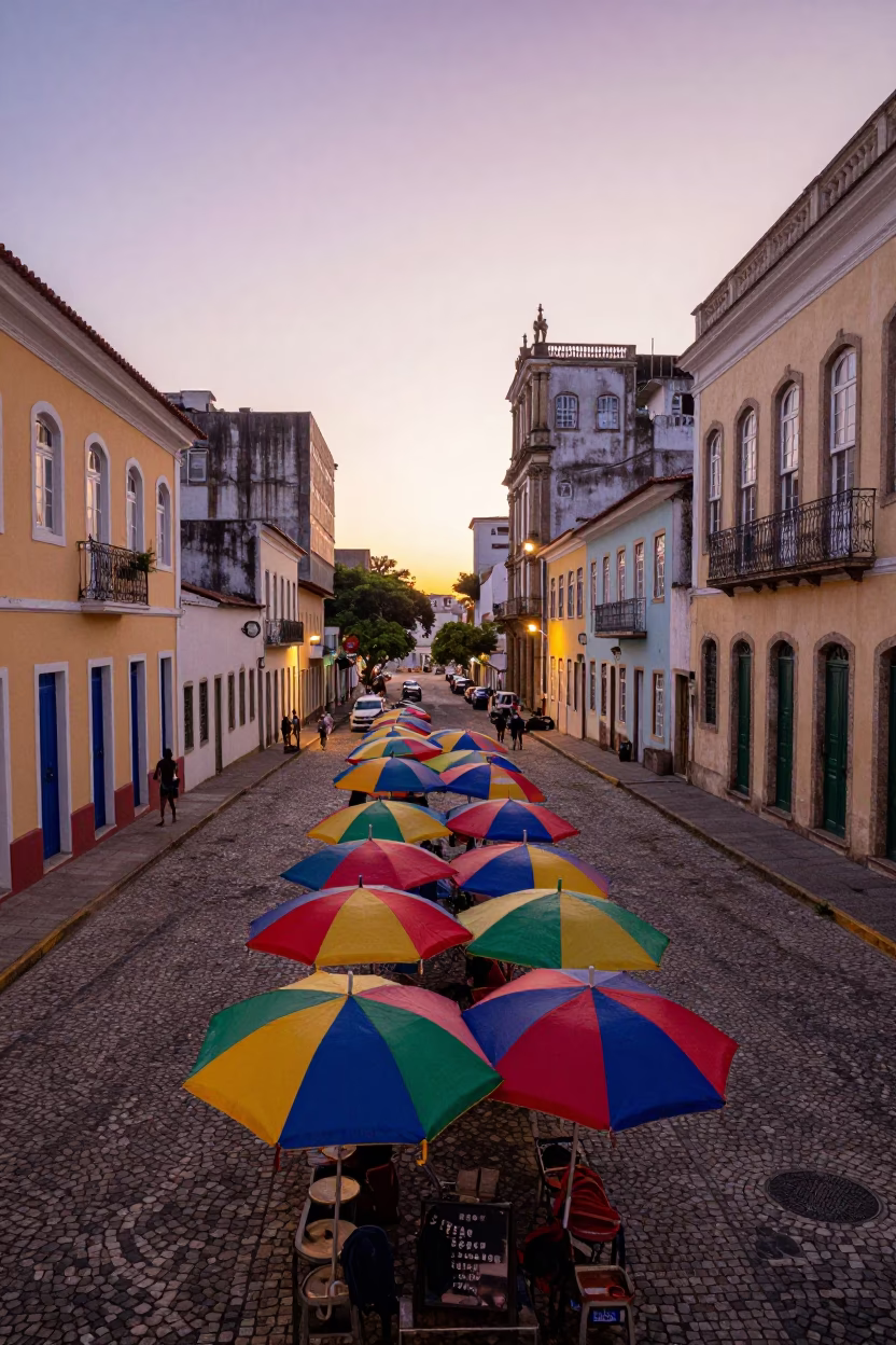 Colorful Salvador Brazil Dawn Street Scene with Umbrellas and Local Life in in Salvador, Brazil