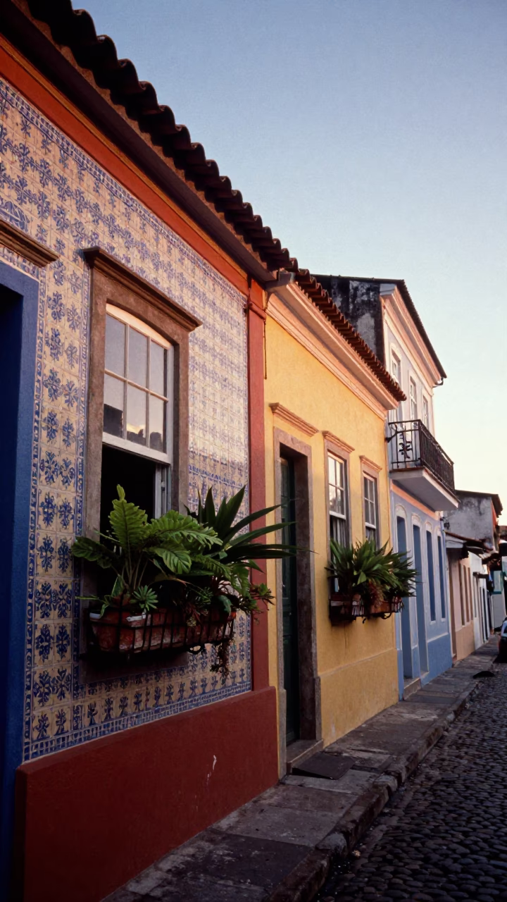 Colorful Salvador Brazil Dawn Street Scene with Window Boxes and Daily Life in in Salvador, Brazil