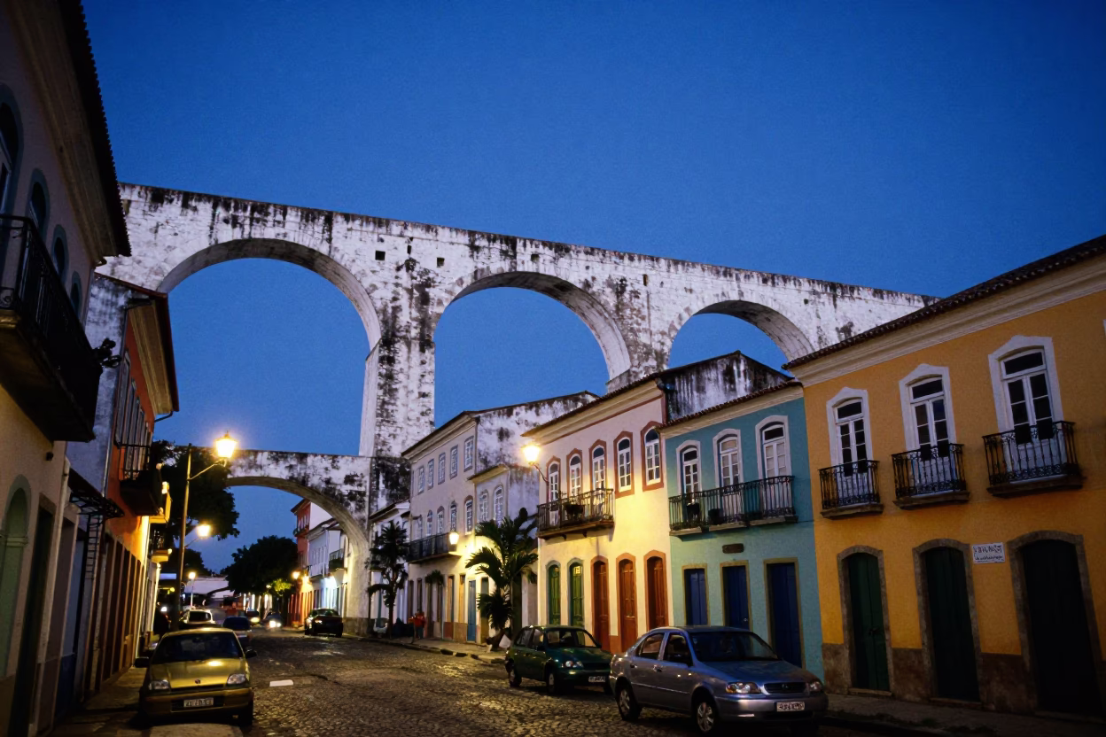 Colorful Salvador Brazil Evening Street Scene with Aqueduct and Local Life in Indigo Twilight in in Salvador, Brazil