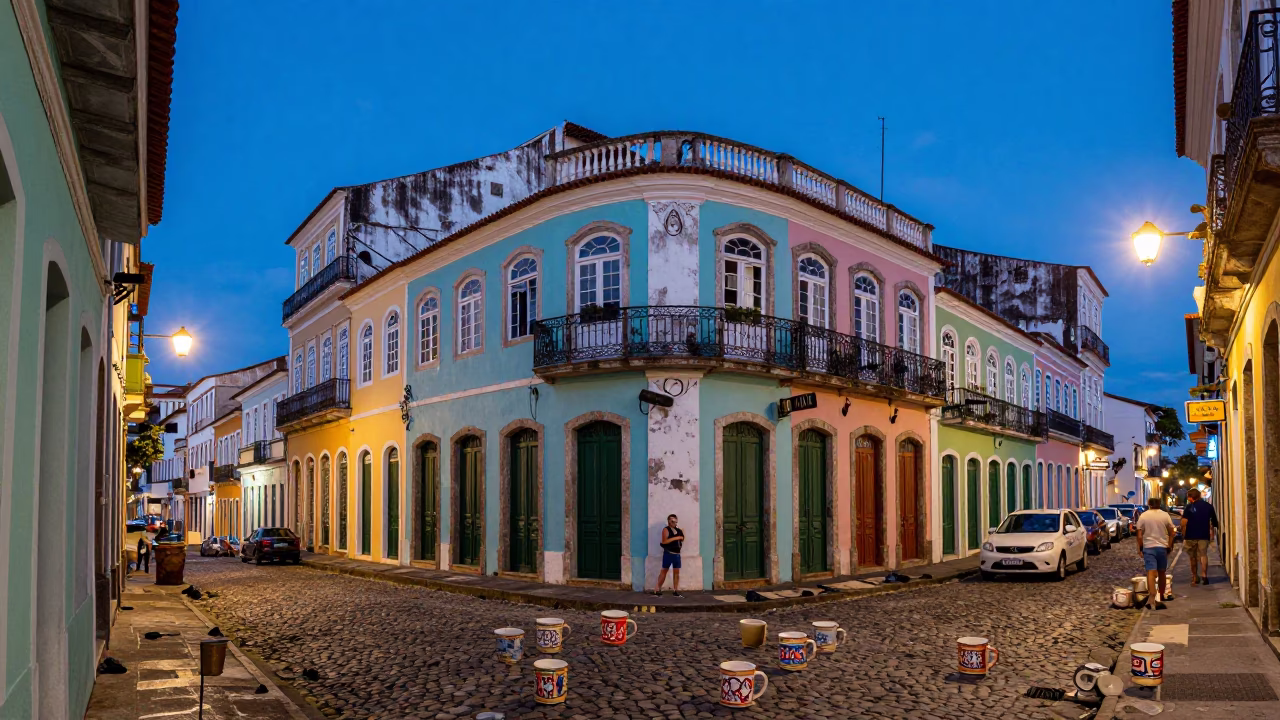 Colorful Salvador Brazil Evening Street Scene with Ceramic Mugs and Woven Cane in in Salvador, Brazil