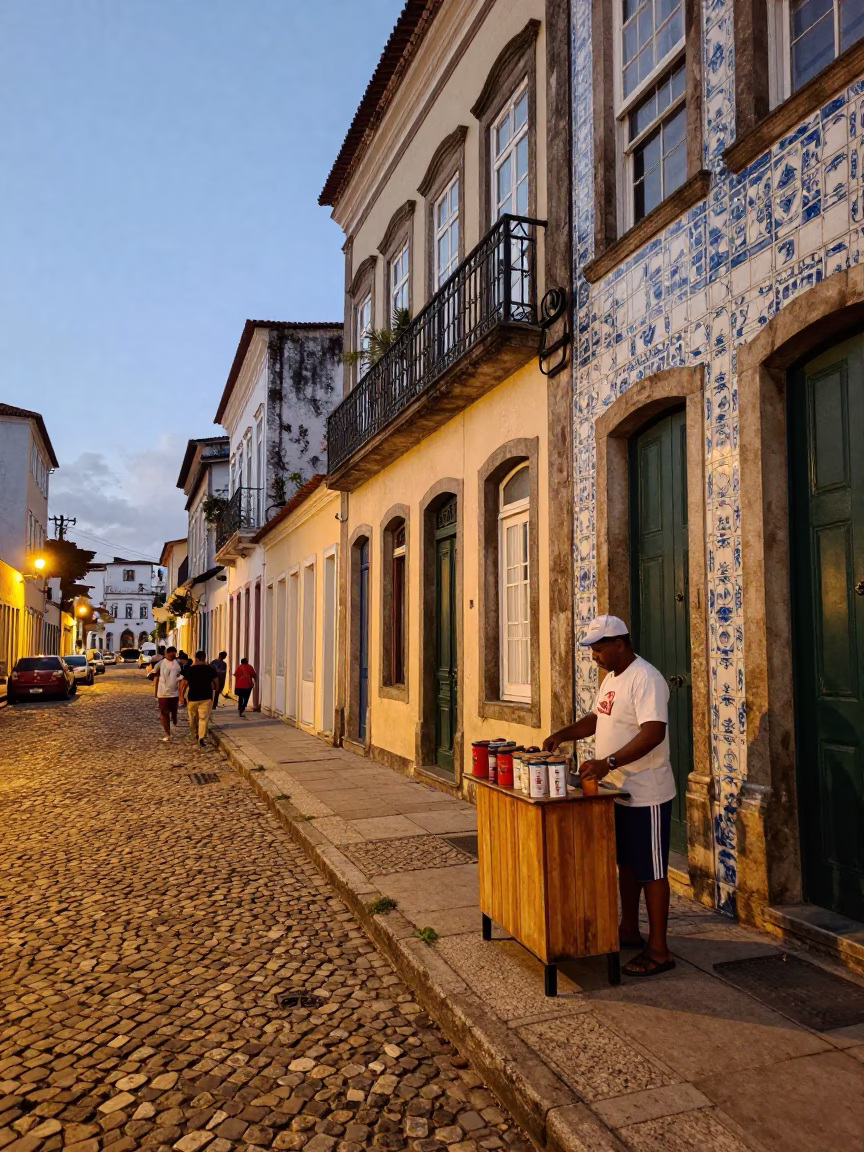 Colorful Salvador Brazil Evening Street Scene with Coffee Tin and Painted Crate in in Salvador, Brazil