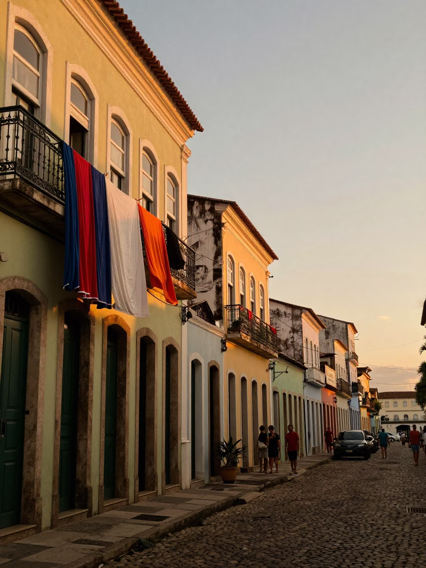 Colorful Salvador Brazil Evening Street Scene with Drying Towels and Local Life in in Salvador, Brazil