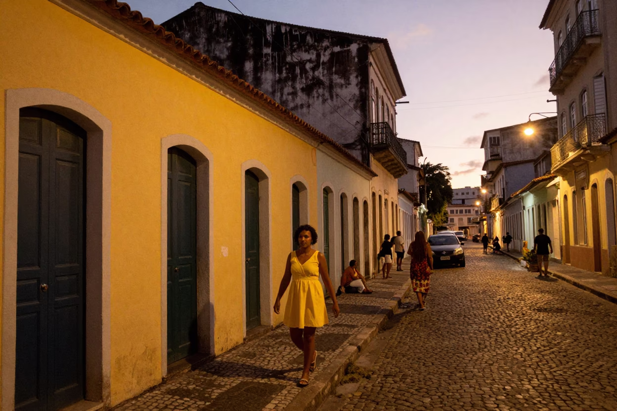 Colorful Salvador Brazil Evening Street Scene with Local Life Details in in Salvador, Brazil