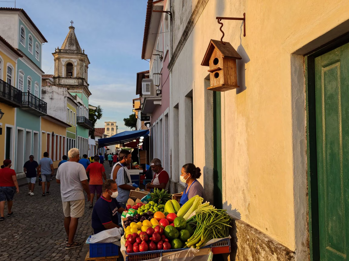 Colorful Salvador Brazil Evening Street Scene with Local Market Goods and Traditional Decor in in Salvador, Brazil