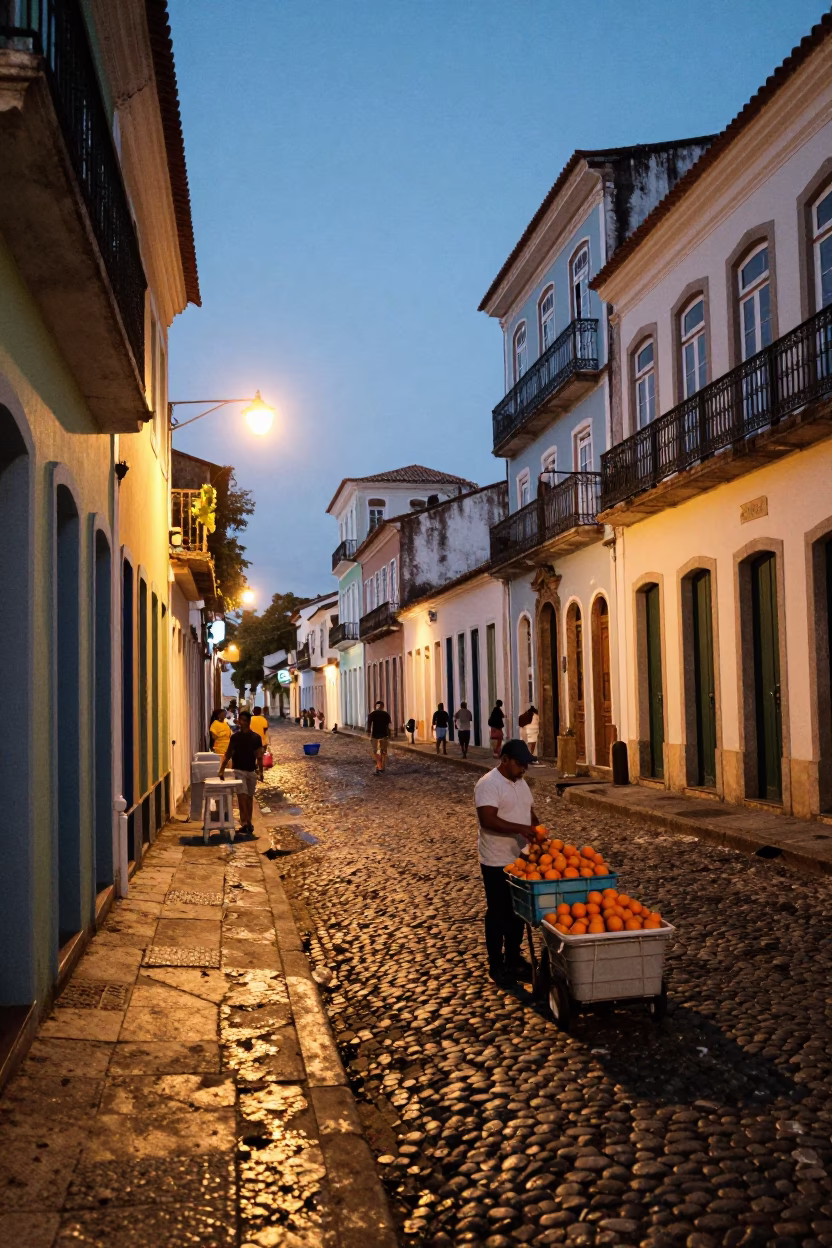 Colorful Salvador Brazil Evening Street Scene with Oranges and Local Life in in Salvador, Brazil