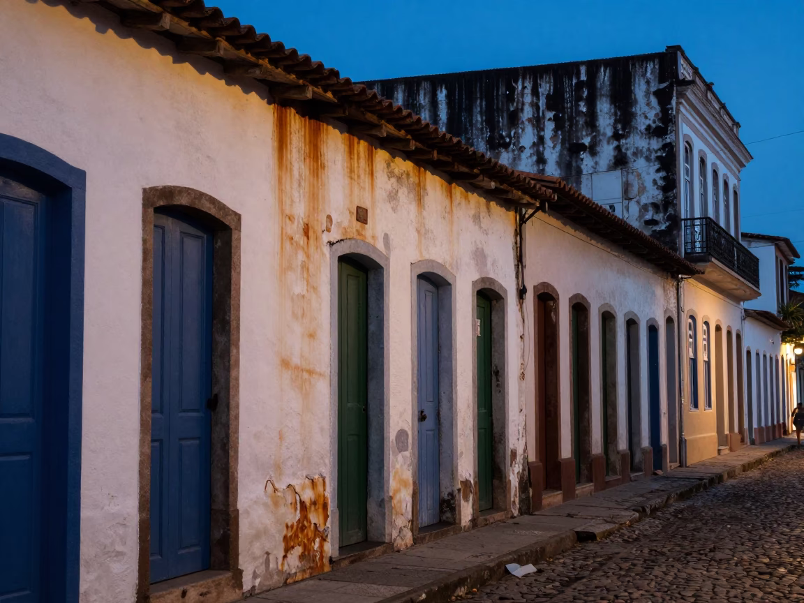 Colorful Salvador Brazil Evening Street Scene with Rusty Walls and Brass Railings in in Salvador, Brazil