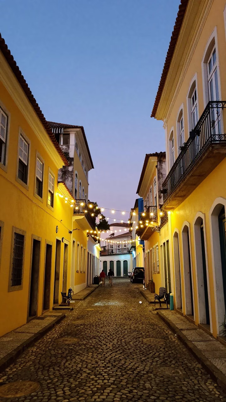Colorful Salvador Brazil Evening Street Scene with String Lights and Overpass Ramp in in Salvador, Brazil