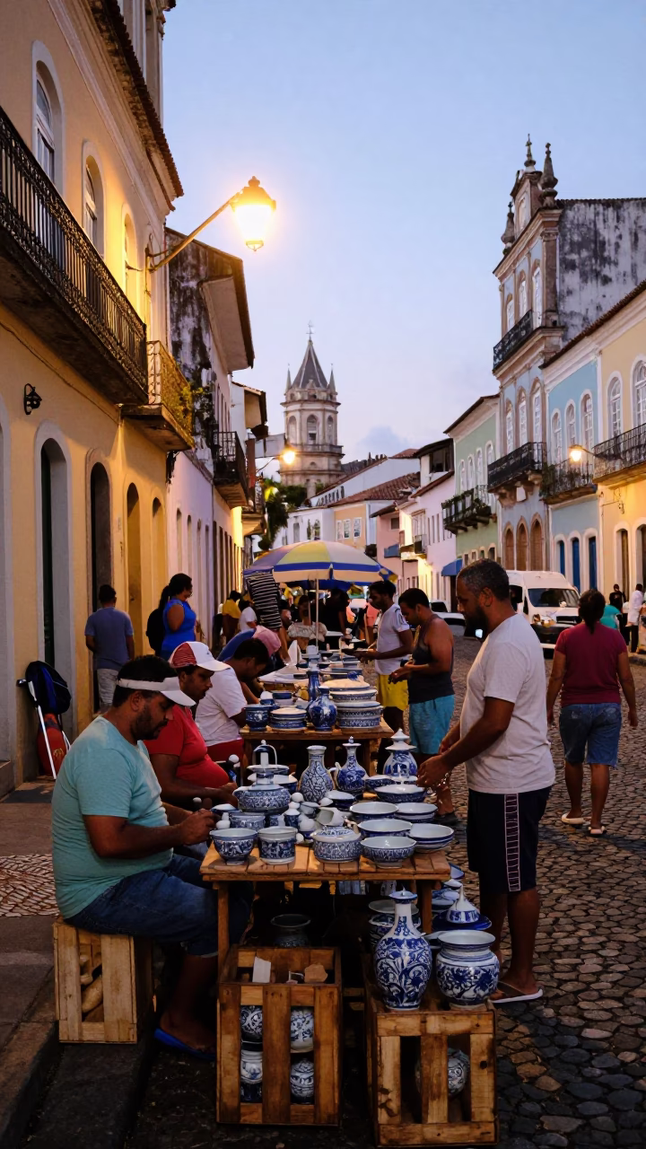 Colorful Salvador Brazil Morning Market Scene with Blue Porcelain and Brass Details in in Salvador, Brazil