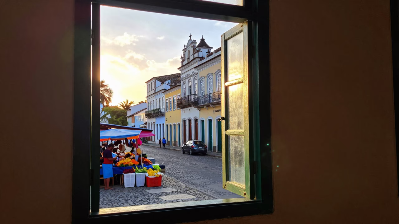 Colorful Salvador Brazil Street Scene After Sunrise with Local Market Activity in in Salvador, Brazil