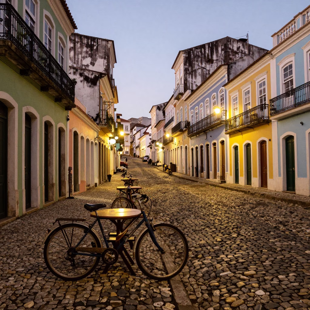 Colorful Salvador Brazil Street Scene at Dusk with Bicycle and Local Details in in Salvador, Brazil