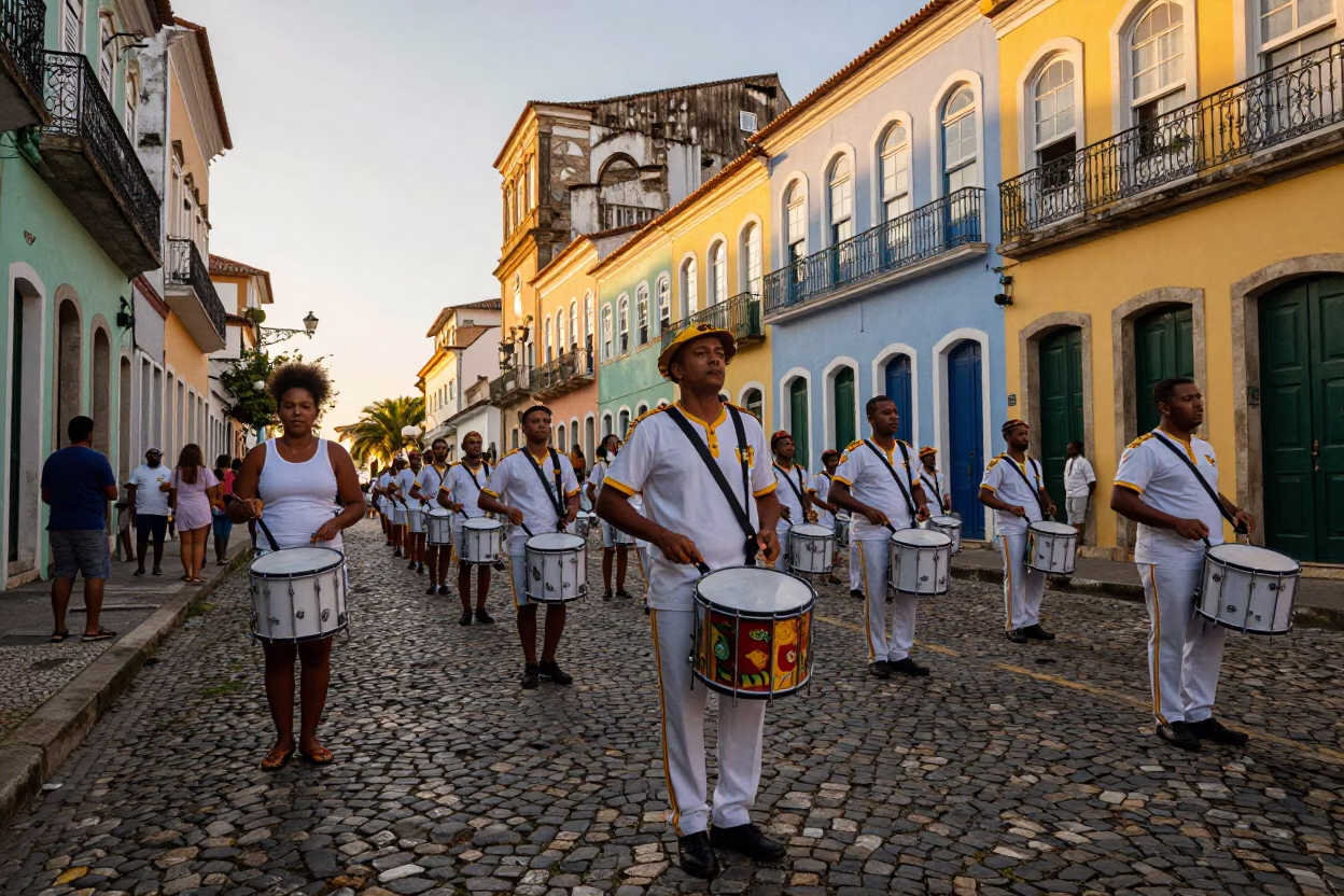 Colorful Salvador Brazil Street Scene at Golden Hour with Drum Major Leading Marching Band in in Salvador, Brazil