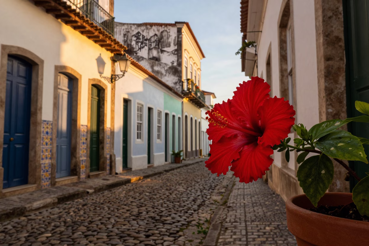 Colorful Salvador Brazil Street Scene at Golden Hour with Hibiscus Flower and Shirt Hanger in in Salvador, Brazil