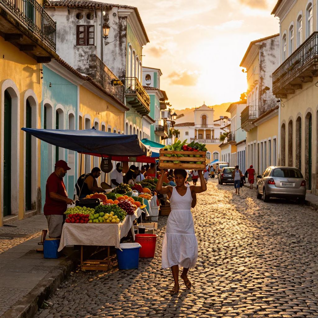 Colorful Salvador Brazil Street Scene at Golden Hour with Local Market Activity in in Salvador, Brazil