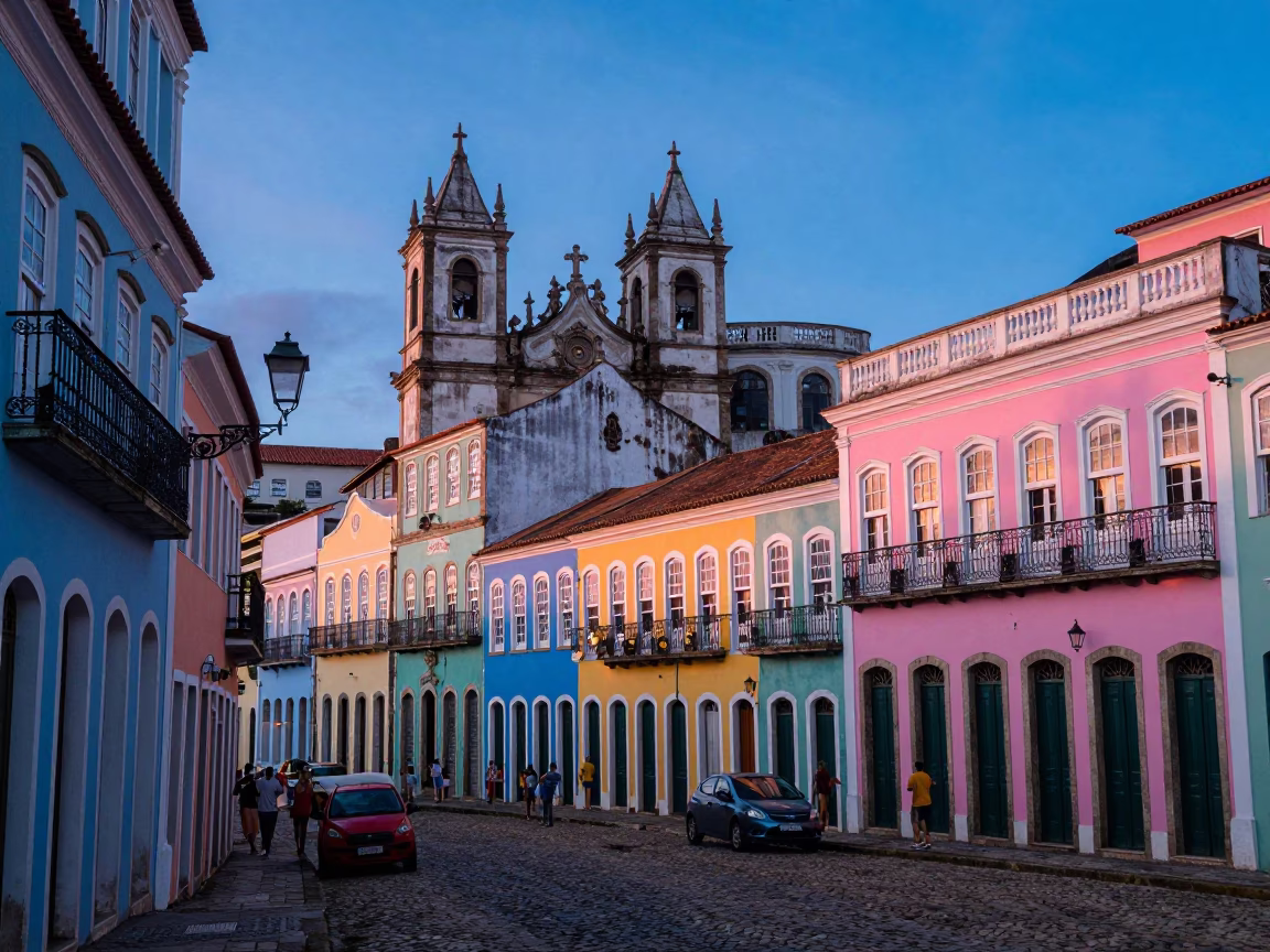 Colorful Salvador Brazil Street Scene at Nautical Dawn with Vibrant Architecture in in Salvador, Brazil