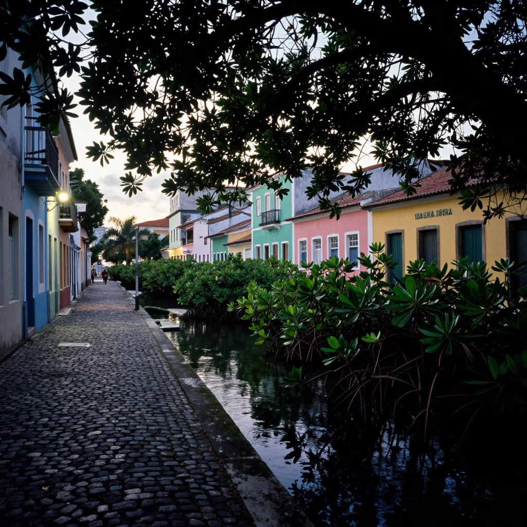 Colorful Salvador Brazil Street Scene Before Dawn with Mangrove and Coastal Elements in in Salvador, Brazil